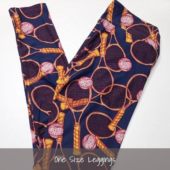 LuLaRoe OS Leggings Tennis Balls Racquets Navy Blue NEW - Picture 1 of 1